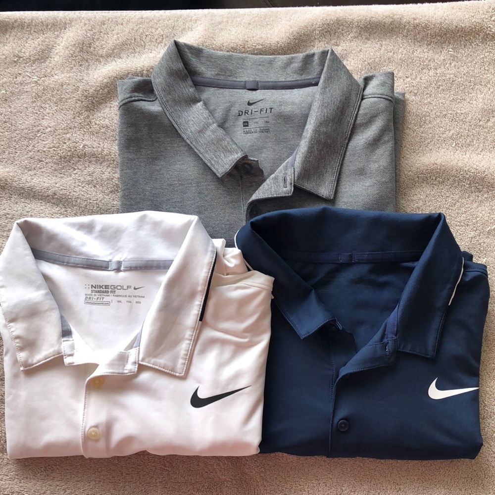 Nike Mens 2XL Dri-Fit Polo Golf Shirts Lot of 3 grey, white,blue